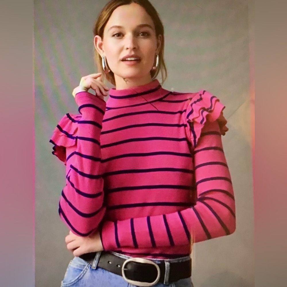 T.La Anthropologie Vibrant Pink Navy Stripe Ruffle Turtleneck Pullover Woman XL